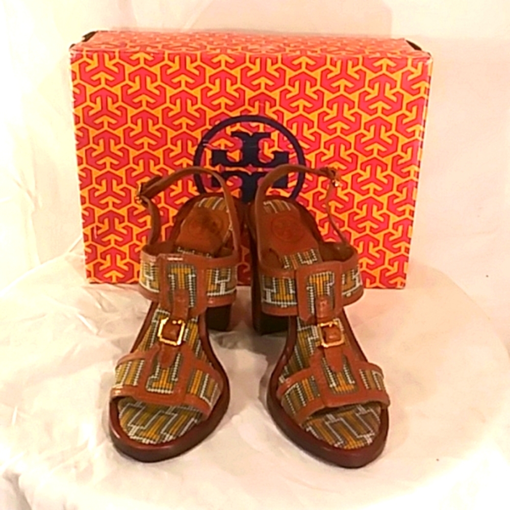 🔥 NWOT Tory Burch Multi Color & Leather Design Heels/Sandals